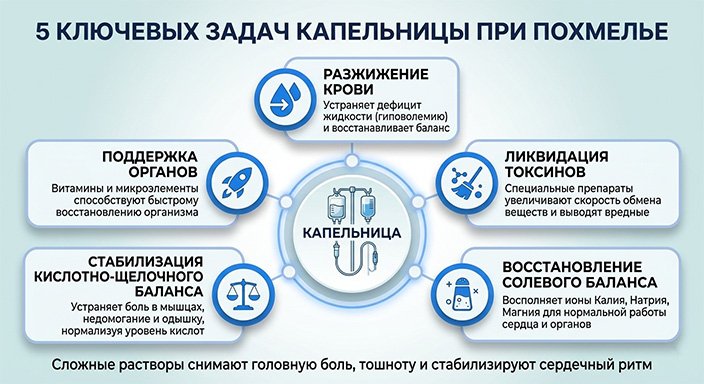Подробная медицинская инфографика, объясняющая 5 ключевых задач капельницы при похмелье.